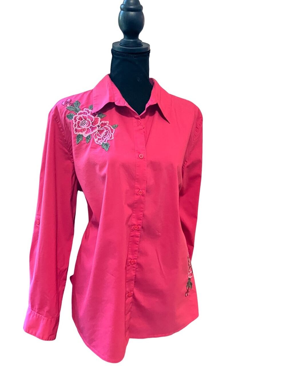 Cathy Daniels Bright Pink Button-Down Shirt with Floral Embroidery